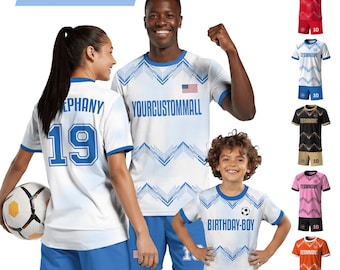 Kits de fútbol diseñados por el cliente para niños adultos, uniforme de fútbol juvenil personalizado con nombre del equipo, logotipo y número, camiseta de cumpleañero.
