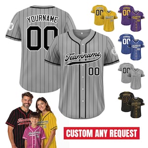 Personalized Pinstripe Gray Black Button Down Jersey Men Women Youth, Custom Baseball Jersey with Teamname Name Number, Game Day Outfit