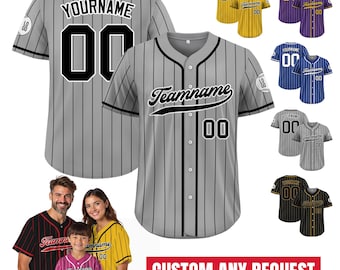 Maglia personalizzata a righe grigie e nere con bottoni, da uomo, da donna e da ragazzo, maglia da baseball personalizzata con nome della squadra, nome e numero, abbigliamento per il giorno della partita