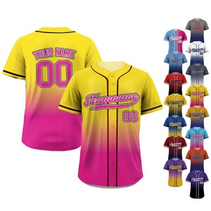 Custom Gradient Baseball Jersey with Teamname Name Number Yellow Pink, Custom Jersey Shirt for Men Women Youth Kid, Gifts for Baseball Fans