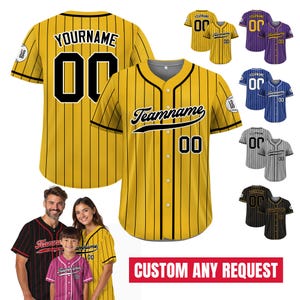 Custom Baseball Jersey with Teamname Name Number, Jersey for Men Women Youth, Personalized Pinstripe Yellow Black Button Down Jersey
