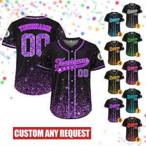 May include: Black baseball jersey with purple glitter detailing. The jersey has "YOURNAME" and the number "00" on the back. The front displays "Teamname" and "00". Other jerseys in different colours are shown. Text at the bottom reads "CUSTOM ANY REQUEST".