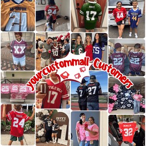 May include: A collage of photos featuring various custom sports jerseys. The jerseys are in different colors, with names and numbers printed on them. Some photos show people wearing the jerseys, while others display the jerseys on their own.