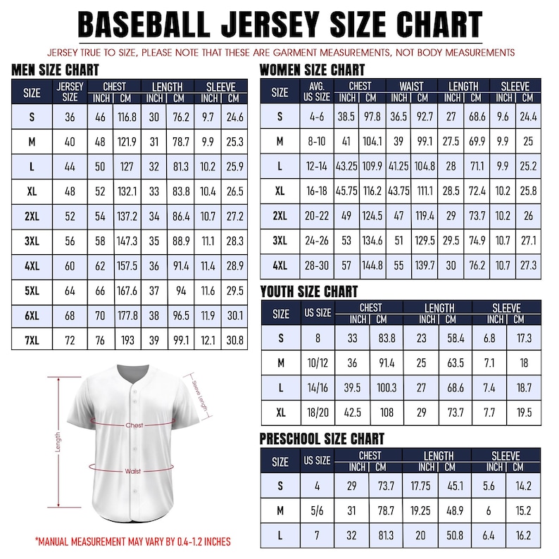 Pode incluir: Tabela de tamanhos de camisas de beisebol com medidas em polegadas e cent&iacute;metros. Inclui tabelas de tamanhos para homens, mulheres, jovens e pr&eacute;-escolares. A tabela mostra o tamanho da camisa, o peito, o comprimento e as mangas. Uma camisa de beisebol &eacute; mostrada.