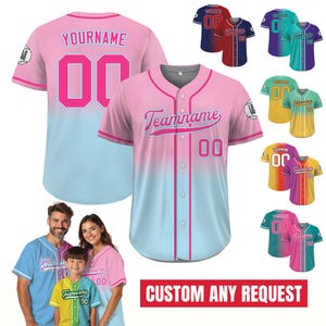 Printed Gradient Custom Baseball Jersey with Name, Personalized Jersey Shirt for Men Women Youth, Gift for Baseball Fans Light Pink Blue