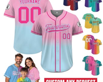 Printed Gradient Custom Baseball Jersey with Name, Personalized Jersey Shirt for Men Women Youth, Gift for Baseball Fans Light Pink Blue