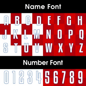 Puede incluir: Un gr&aacute;fico que muestra un patr&oacute;n de cuadros rojos y blancos con letras y n&uacute;meros con contorno blanco. Las letras son de la A a la Z y los n&uacute;meros del 0 al 9. El texto sobre las letras dice "Name Font" y el texto sobre los n&uacute;meros dice "Number Font".
