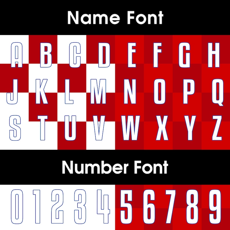 Puede incluir: Un gr&aacute;fico que muestra un patr&oacute;n de cuadros rojos y blancos con letras y n&uacute;meros con contorno blanco. Las letras son de la A a la Z y los n&uacute;meros del 0 al 9. El texto sobre las letras dice "Name Font" y el texto sobre los n&uacute;meros dice "Number Font".