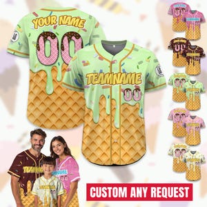 Personalized Ice Cream Drip Baseball Jersey for Men Women Youth Kid, Custom Sprinkle Drip Baseball Matching Family Shirt,Summer Sport Outfit