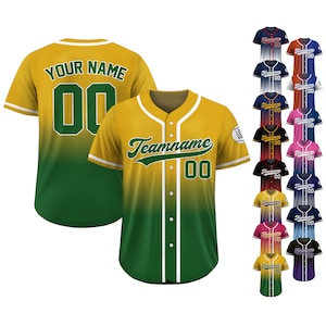 May include: Baseball jerseys in various colors, featuring a button-up design with short sleeves. The jerseys have a gradient color scheme, with the text "YOUR NAME" and "Teamname" visible. Each jersey has the number "00" on the front and back.