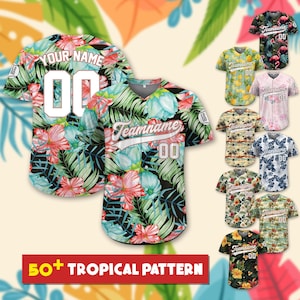 May include: A collection of baseball jerseys with tropical floral patterns. The jerseys are in various colors and feature different floral designs, including hibiscus, palm leaves, and pineapples. The jerseys are customizable with a team name and number.