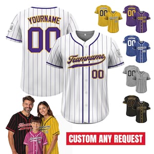 Custom Pinstripe Baseball Jersey with Teamname Name Number, Printed White Purple Pinstripe Button Down Jersey for Men Women Youth Preschool