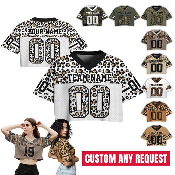Personalized Camouflage Crop top Football Jersey, Custom Team Name Number Logo Women's Jerseys, Trendy College Outfit Street Style Shirt