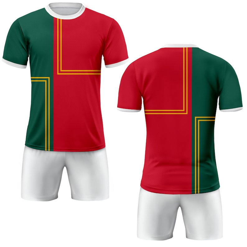 May include: A red and green soccer jersey with a white collar and white trim on the sleeves. The jersey has a geometric design with yellow lines. The jersey is paired with white shorts.