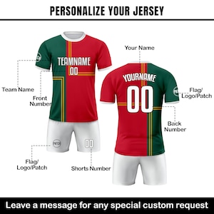 May include: A customizable soccer jersey template with a red, green, and yellow color scheme. The jersey has a space for a team name, player name, and number. The template also includes a space for a flag or logo patch.