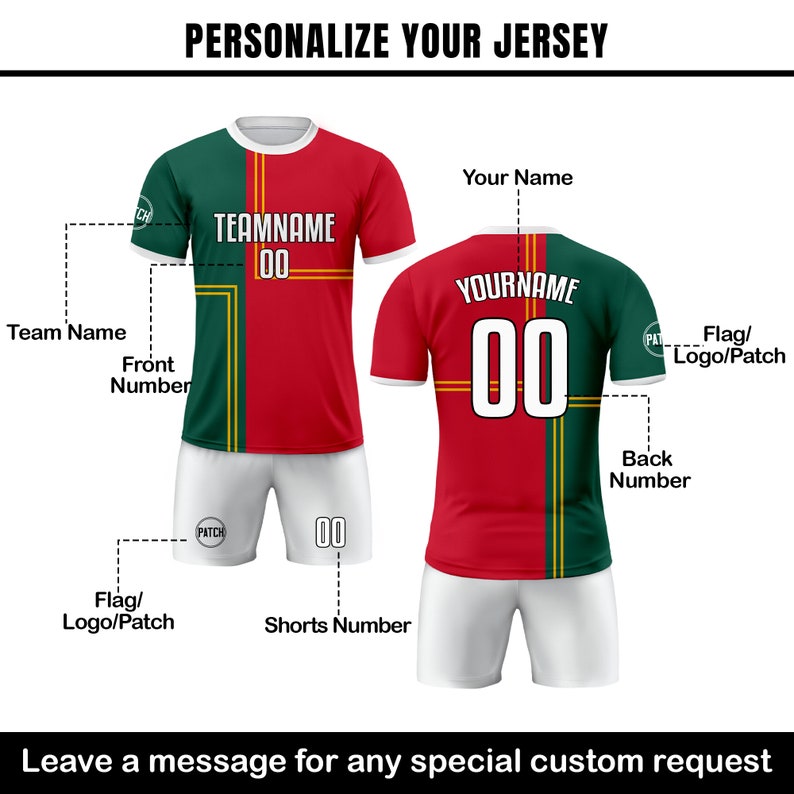 May include: A customizable soccer jersey template with a red, green, and yellow color scheme. The jersey has a space for a team name, player name, and number. The template also includes a space for a flag or logo patch.