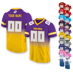 Personalized Team Name & Number Football Jersey For Women Men Youth, Custom Front Back Football V-neck shirt, Gradient Purple Yellow Jersey