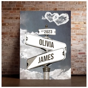 Personalisierter Name Vintage Straßenschild Leinwand, Benutzerdefinierter Name Datum Kreuzung Straßenschild Hochzeit Wandkunst Ideales Geschenk für Paare Jahrestag