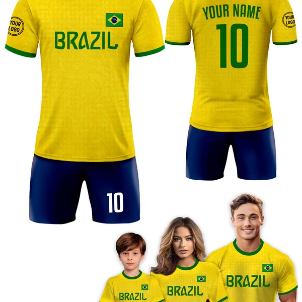 Benutzerdefiniertes Brasilien-Fußballtrikot für Männer, Frauen, Jugendliche, Kinder, Uniformhemd für Fans, Spieler, personalisierter Name, Nummer, Logo, nationales Fußballtrikot-Hemd