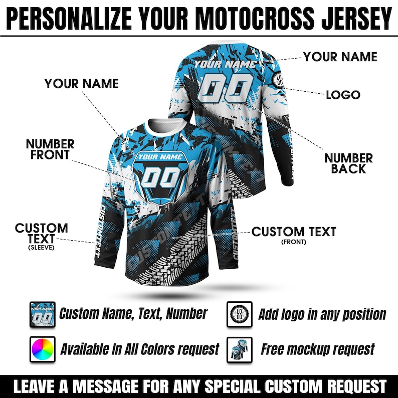 May include: A motocross jersey in blue, white, and black, featuring customizable text, numbers, and logos. The jersey design includes a front and back view, with options for custom names and colors. The text "PERSONALIZE YOUR MOTOCROSS JERSEY" is at the top.