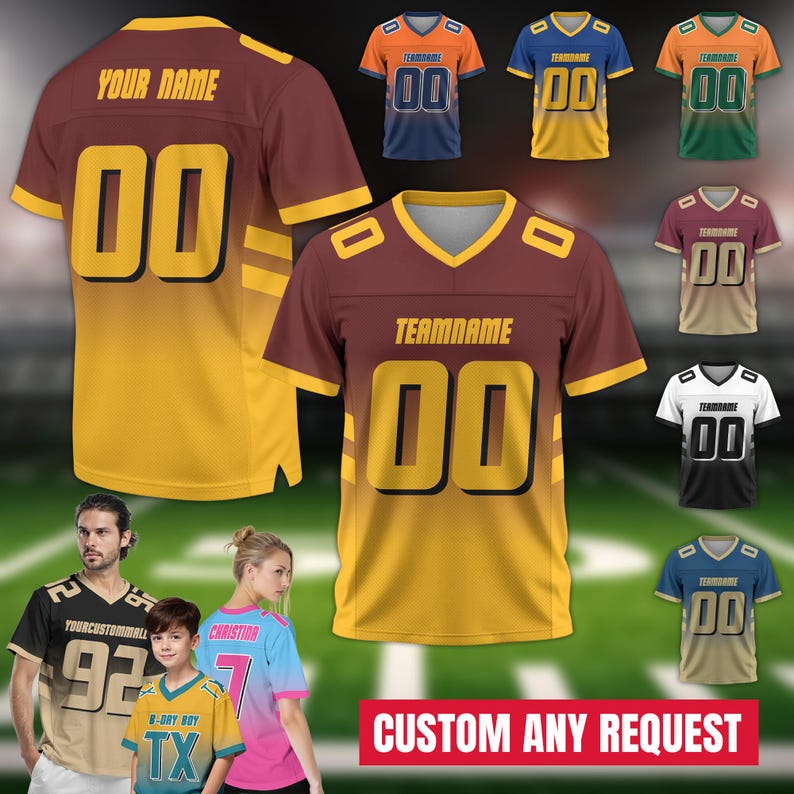 May include: A variety of customizable football jerseys in different colors, including brown, orange, blue, green, maroon, and black. Each jersey features a team name, number, and the option for personalized text. The image also includes a group of people wearing custom jerseys.