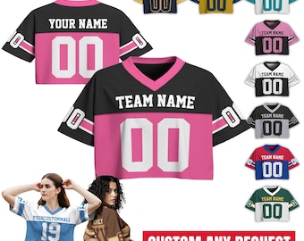 Uniforme de porristas personalizado, camiseta de fútbol corta para mujer, camiseta corta personalizada con nombre del equipo, número y logotipo para mujer, camiseta corta deportiva de porristas.