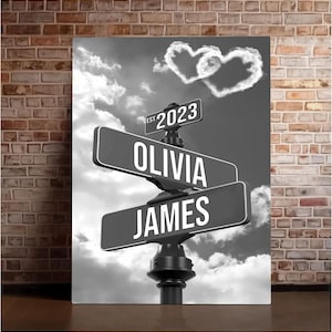 Custom Name And Date Street Sign Canvas Print, Personalized Canvas Vintage Street Sign Gift For Couples, Valentine day gift, Newlywed Gift