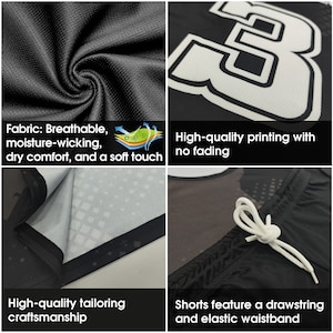 Pode incluir: Fotos em close-up de roupas esportivas pretas. O tecido &eacute; respir&aacute;vel, absorvente de umidade e macio. Apresenta impress&atilde;o de alta qualidade, alfaiataria e shorts com cord&atilde;o e c&oacute;s el&aacute;stico. O n&uacute;mero "3" &eacute; vis&iacute;vel.