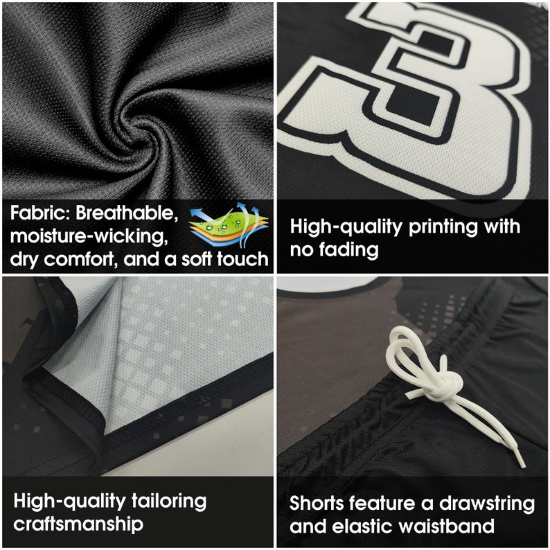 Pode incluir: Fotos em close-up de roupas esportivas pretas. O tecido &eacute; respir&aacute;vel, absorvente de umidade e macio. Apresenta impress&atilde;o de alta qualidade, alfaiataria e shorts com cord&atilde;o e c&oacute;s el&aacute;stico. O n&uacute;mero "3" &eacute; vis&iacute;vel.