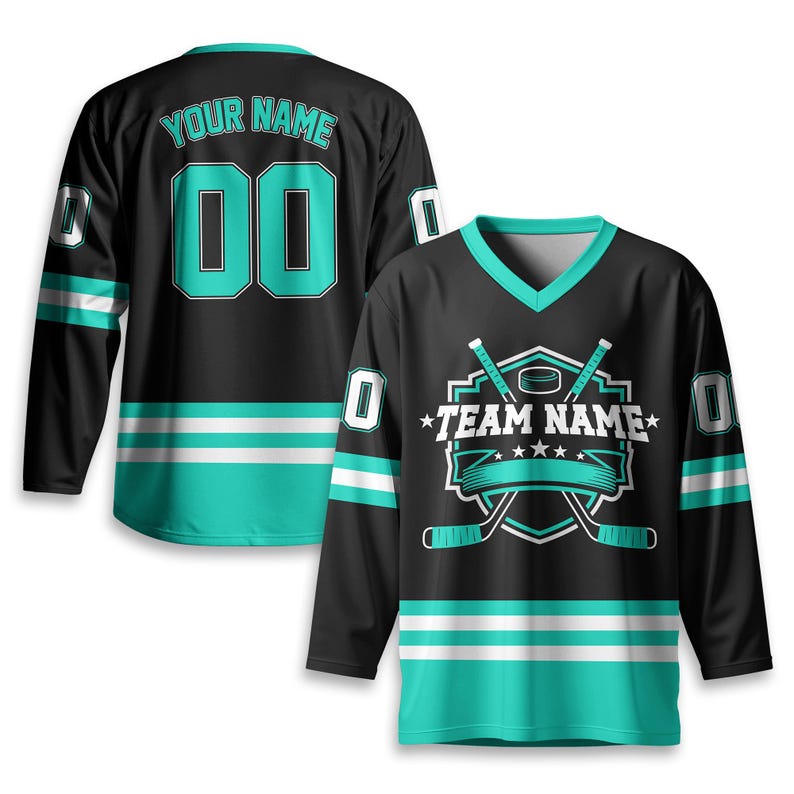May include: Black hockey jersey with teal accents, featuring the text "YOUR NAME" and the number "00" on the back. The front displays "TEAM NAME" with hockey sticks and a puck. The jersey has a V-neck and long sleeves.