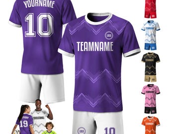 Custom Soccer Jersey Shorts Set for Youth Toddler Adult, Personalized Team Name Logo Number, Purple Soccer Jersey Shirt, Team Uniform