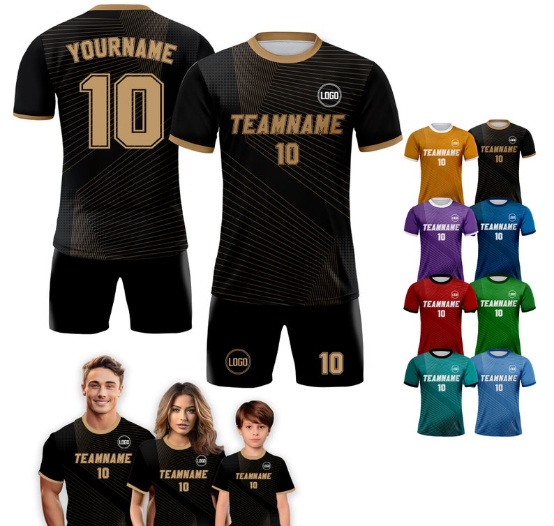 May include: Black and gold soccer jersey with a geometric pattern and the text "TEAMNAME 10" on the front. The jersey has a white collar and a logo on the chest. The jersey is shown on a model wearing black shorts with the number 10 on the leg.