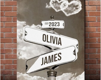 Op de afbeelding: Een vintage-stijl straatnaambord met de namen "Olivia" en "James" erop. Het bord is geplaatst tegen een achtergrond van wolken en de tekst "EST 2023" staat op een kleiner bord erboven.