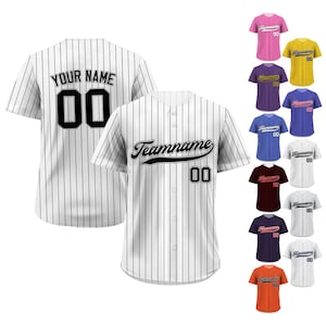 Printed White Black Pinstripe Custom Baseball Jersey with Teamname Name Number, Jersey Shirt for Men Women Youth Kid, Gift for Baseball Fans