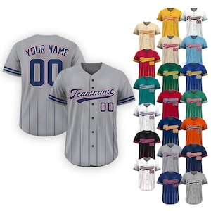 Kundenspezifisches Baseballtrikot mit Team-Namensnummer, Jersey-Hemd für Männer-Frauen-Jugendkind, Geschenke für Baseball-Fans Farbverlauf Nadelstreifen Grau und Marine
