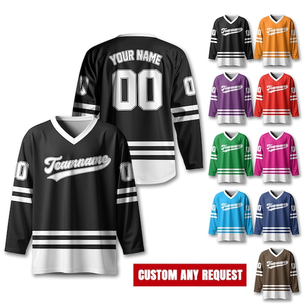 Camiseta de hockey sobre hielo personalizada para hombre y mujer, camiseta de manga larga con nombre y número personalizados, uniforme deportivo para aficionados al hockey.