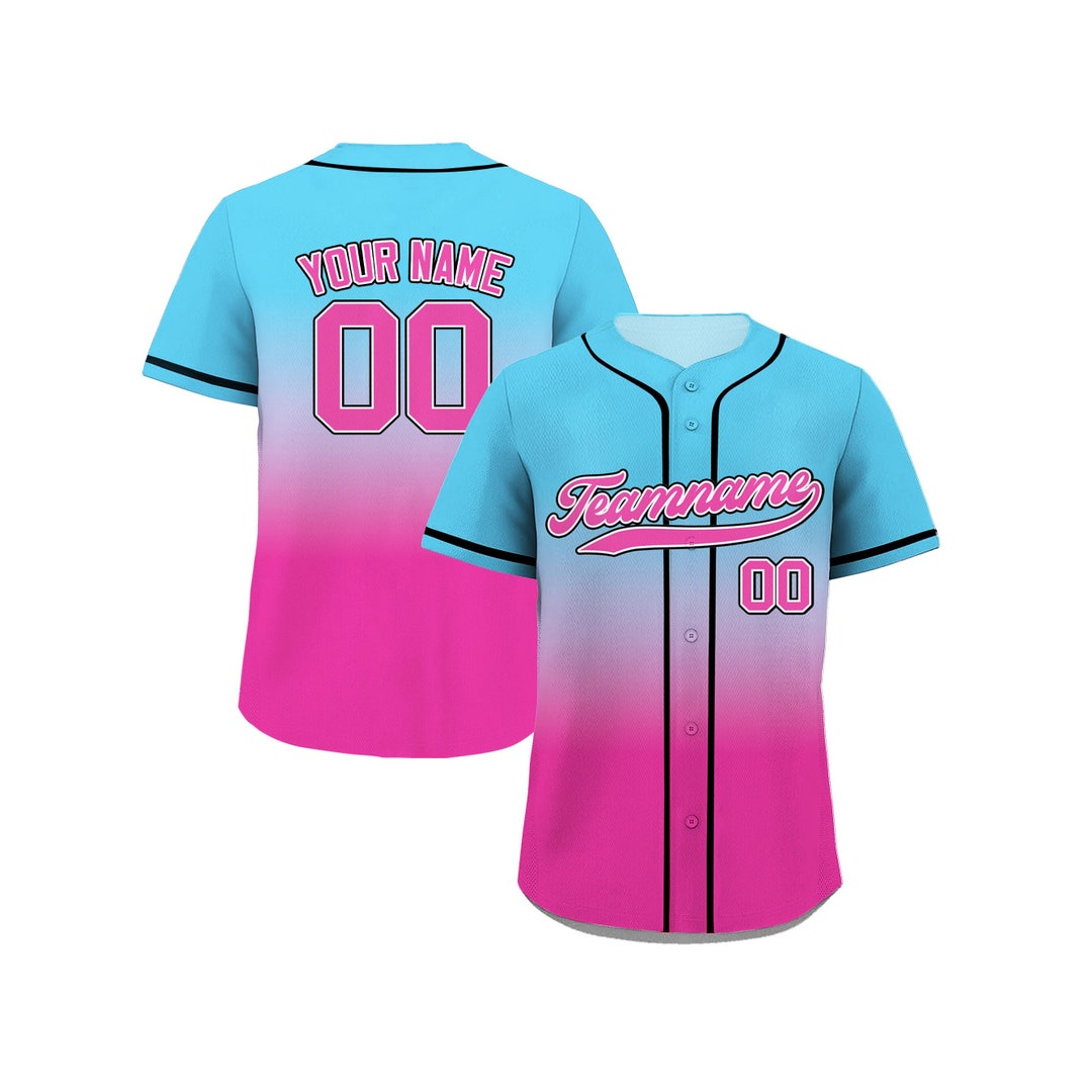 Custom Baseball Jersey With Teamname Name Number, Printed Pink Blue