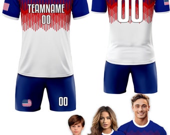 May include: A set of soccer jerseys and shorts in blue, white, and red with a red, white, and blue American flag design. The jerseys have the text "TEAMNAME 00" and "YOURNAME 00" on them. The shorts have the number "00" on them.
