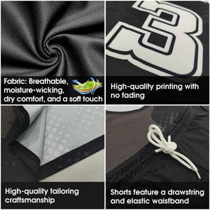 Puede incluir: Camiseta de baloncesto negra y blanca con el n&uacute;mero 8 impreso en la parte delantera. La camiseta est&aacute; hecha de tela transpirable, que absorbe la humedad y es suave al tacto. Los pantalones cortos tienen un cord&oacute;n y una cintura el&aacute;stica.
