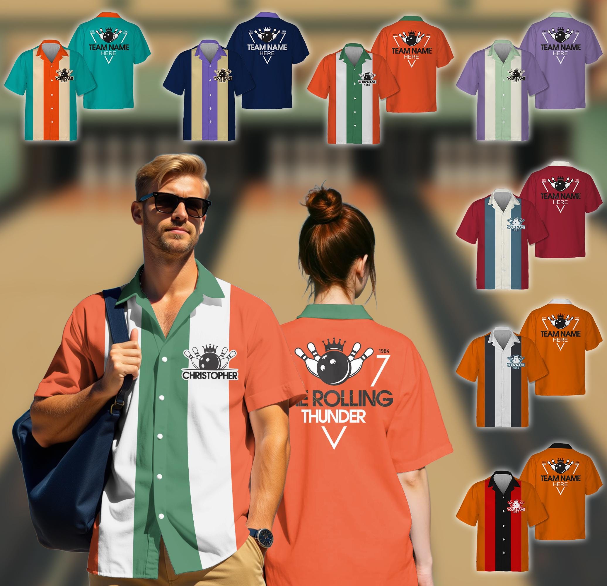 Custom Retro Bowling Shirts for Men Vintage Short Sleeve Button Down Casual Shirts for Adult Kid Bowling Team Uniform Bowling Hawaiian Shirt
