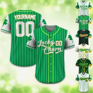 Personalized St Patrick&#39;s Day Baseball Jersey with Lucky Charm Shamrock, Custom Name & Number Jersey for Adult Kid, St. Patrick&#39;s Day Outfit