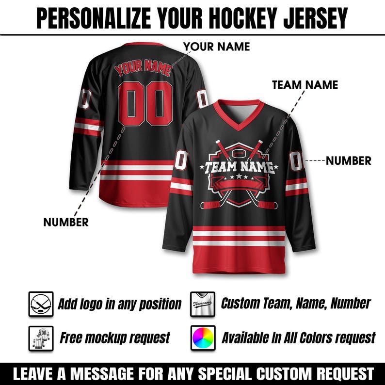 May include: Black hockey jersey with red and white accents. The jersey features the text "YOUR NAME" and "TEAM NAME", along with a number. The image also includes text that says "PERSONALIZE YOUR HOCKEY JERSEY".
