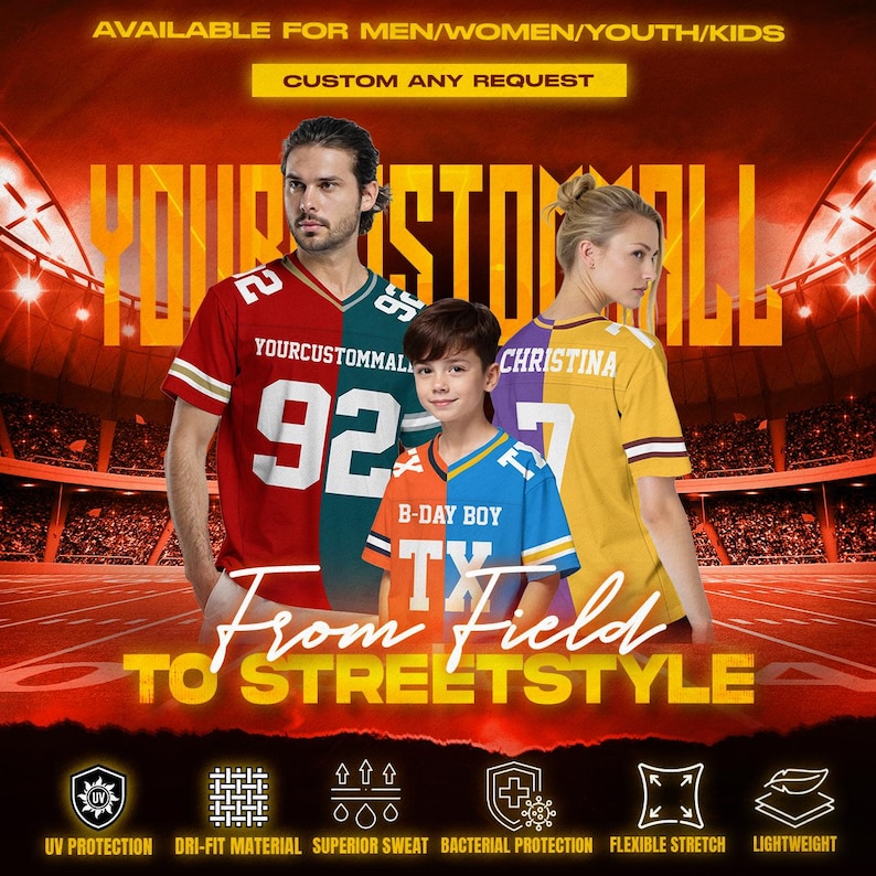 Puede incluir: Imagen de tres personas con camisetas de f&uacute;tbol personalizadas. Las camisetas son rojas, verdes, naranjas, azules y amarillas. Las camisetas tienen el texto "YOURCUSTOMMAL", "CHRISTINA" y "B-DAY BOY TX". La imagen tambi&eacute;n incluye el texto "From Field To Streetstyle".