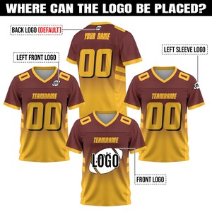 May include: A visual guide showcasing the placement options for logos on a maroon and gold football jersey. The jersey features a V-neck design, with areas labeled for the back, left sleeve, front, and left front logos. The text "WHERE CAN THE LOGO BE PLACED?" is at the top.