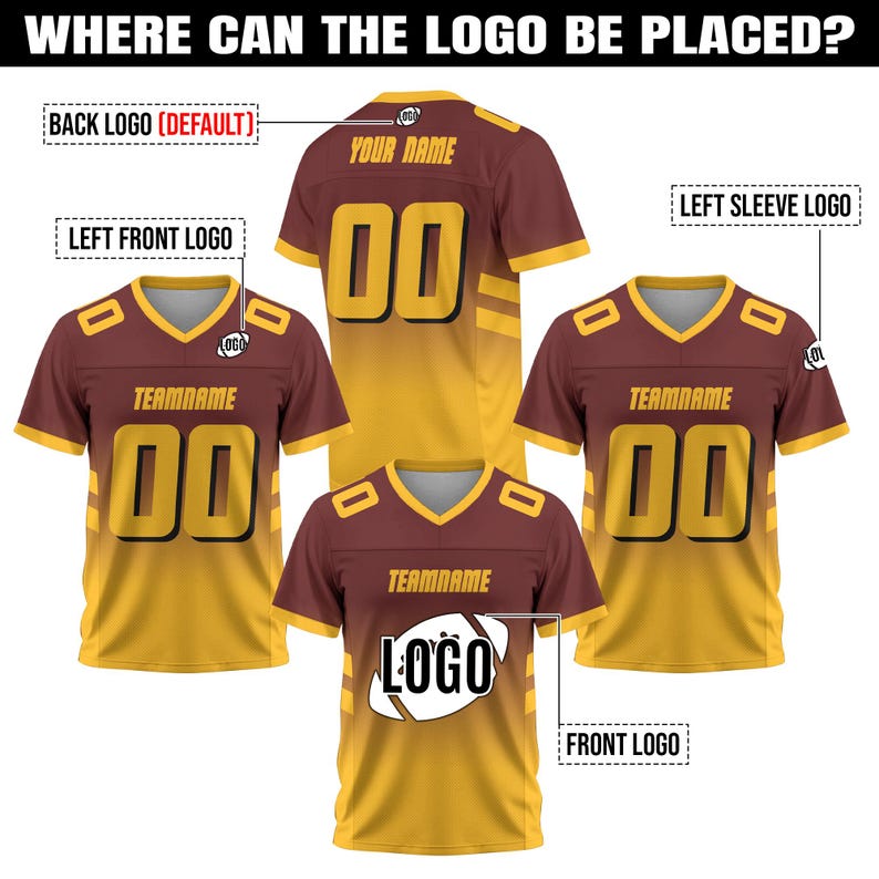 May include: A visual guide showcasing the placement options for logos on a maroon and gold football jersey. The jersey features a V-neck design, with areas labeled for the back, left sleeve, front, and left front logos. The text "WHERE CAN THE LOGO BE PLACED?" is at the top.