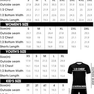 Pode incluir: Tabela de tamanhos de camisas de futebol com medidas em polegadas para homens, mulheres, jovens e crian&ccedil;as. Inclui medidas de costura externa, 1/2 peito, 1/2 largura inferior e comprimento do cal&ccedil;&atilde;o. Uma camisa e cal&ccedil;&atilde;o pretos s&atilde;o mostrados.