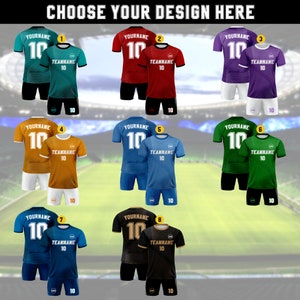 May include: Ten different soccer jersey designs with various color combinations. Each jersey has a white number 10 and the text "YOURNAME" above the number. The text "TEAMNAME 10" is below the number. The jerseys are displayed on a green soccer field background.