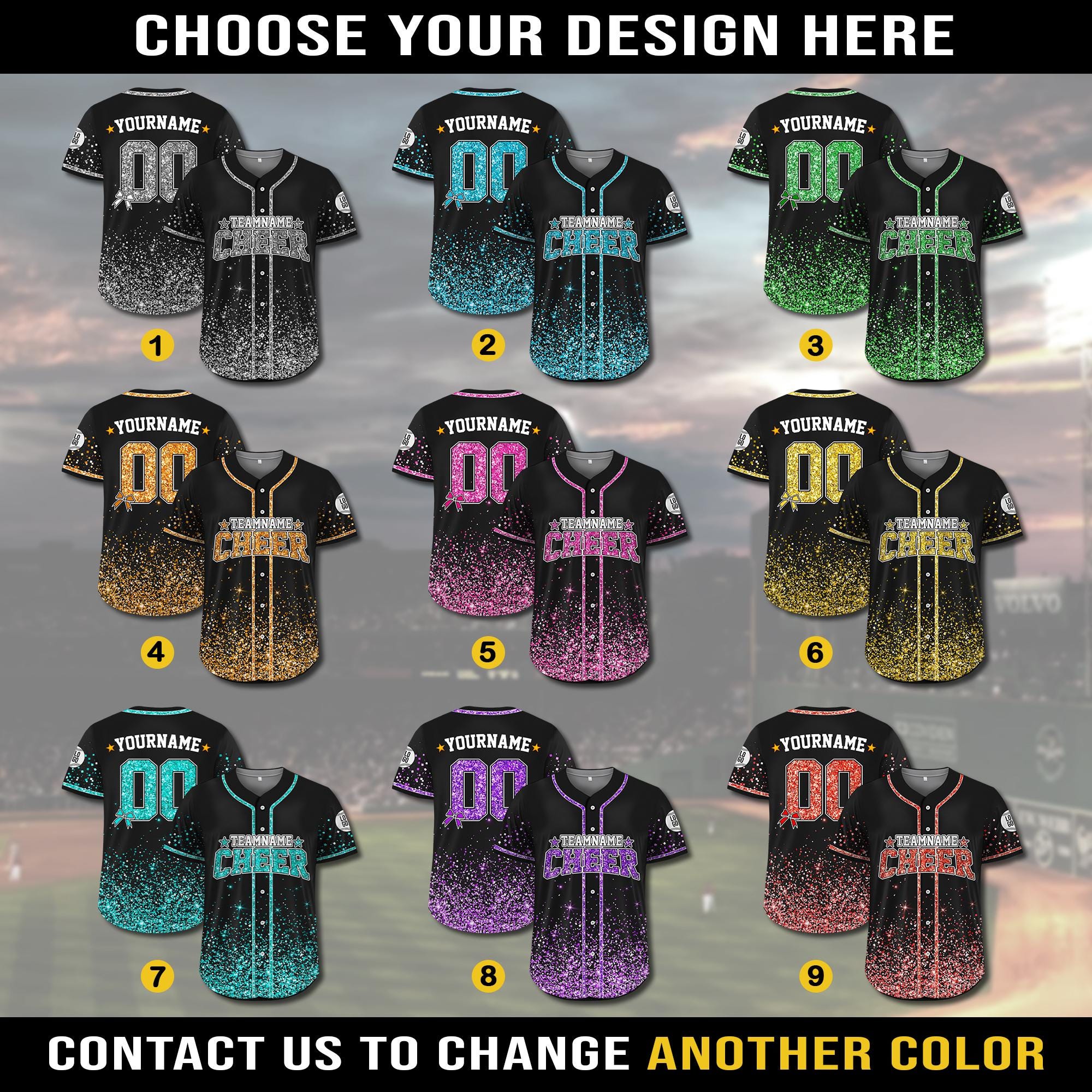 Personalisiertes Glitzer-Baseball-Trikot mit Teamnamen und -nummer für Erwachsene und Kinder, Cheerleading-Shirt mit individuellem Namen für Cheerleader, Faux Cheer Glitter Jersey