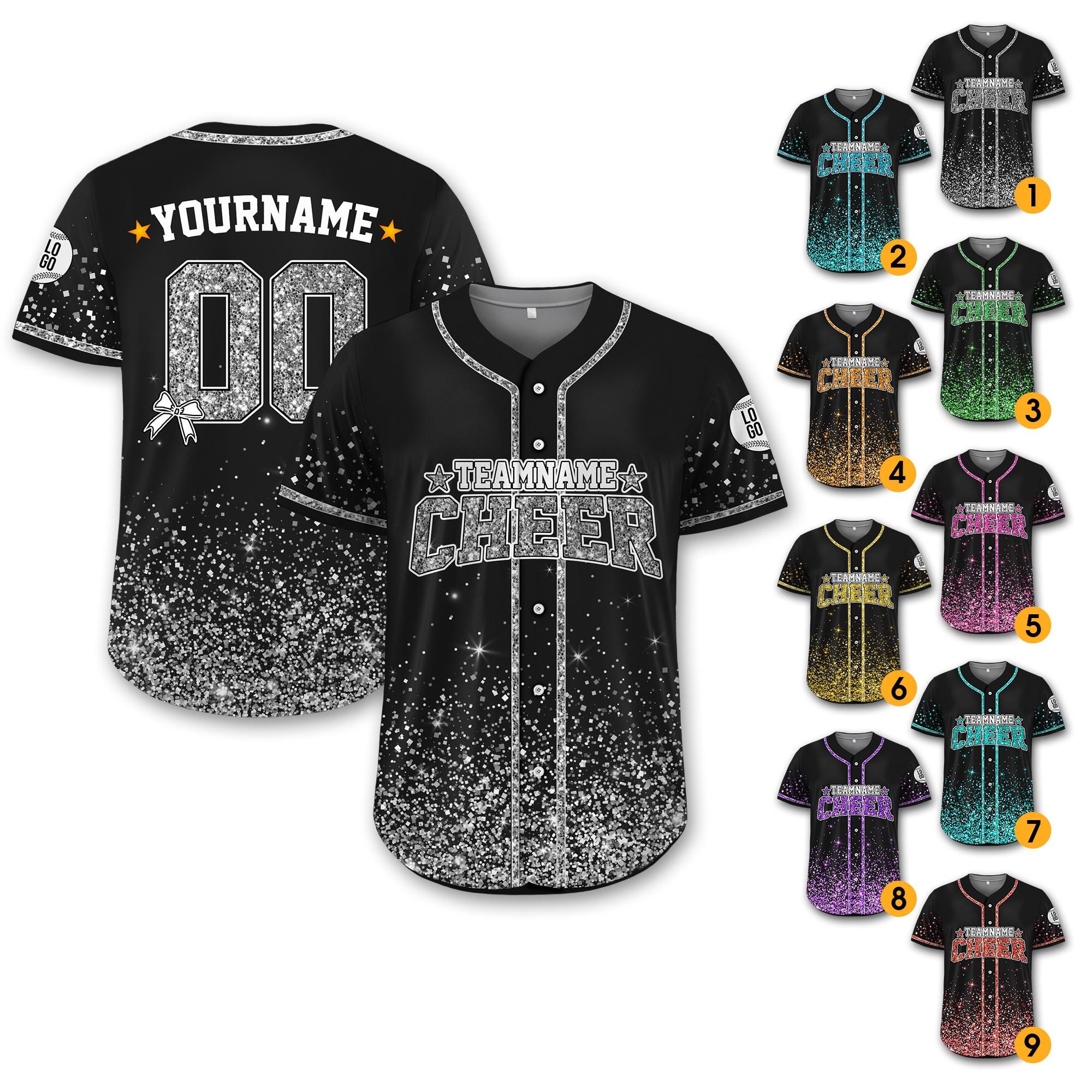 Personalized Team Name Number Glitter Cheer Baseball Jersey for Adult Kid, Custom Name Cheer Ribbon Baseball Jersey for Cheer Leader Team