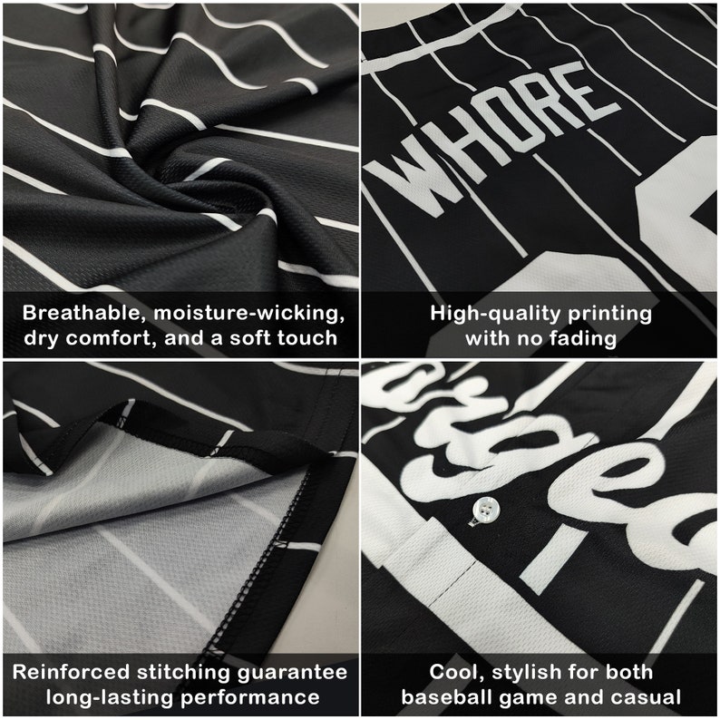 Puede incluir: Jersey de b&eacute;isbol negro y blanco con la palabra "WHORE" impresa en la espalda. El jersey tiene un patr&oacute;n a rayas y est&aacute; hecho de una tela transpirable y que absorbe la humedad. El jersey tambi&eacute;n est&aacute; reforzado con costuras para mayor durabilidad.